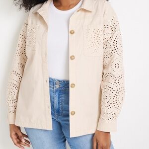 Cream Color Eyelet Twill Button Down Shirt, Jacket, Shacket Medium